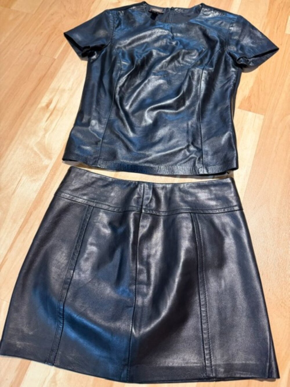 Leather skirt and top.